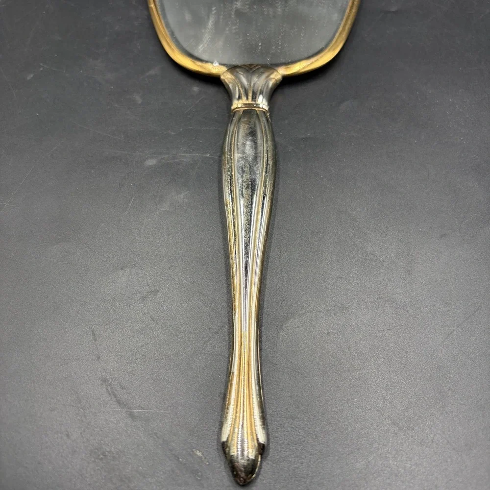Vintage Art Deco Handheld Vanity Mirror Metal Frame Gold & Silver Victorian Rose